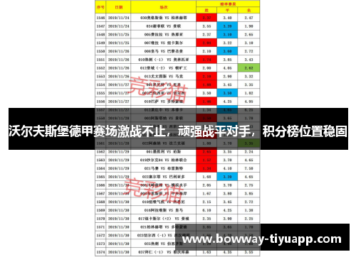 沃尔夫斯堡德甲赛场激战不止，顽强战平对手，积分榜位置稳固