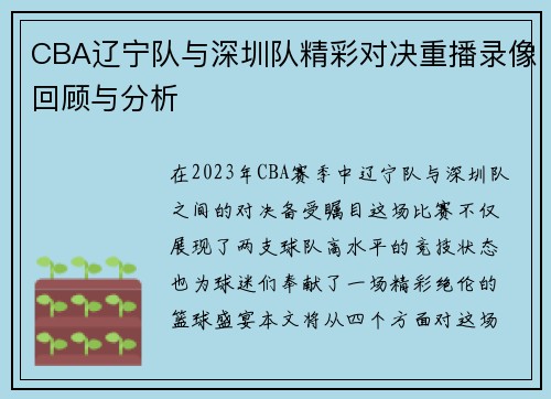CBA辽宁队与深圳队精彩对决重播录像回顾与分析